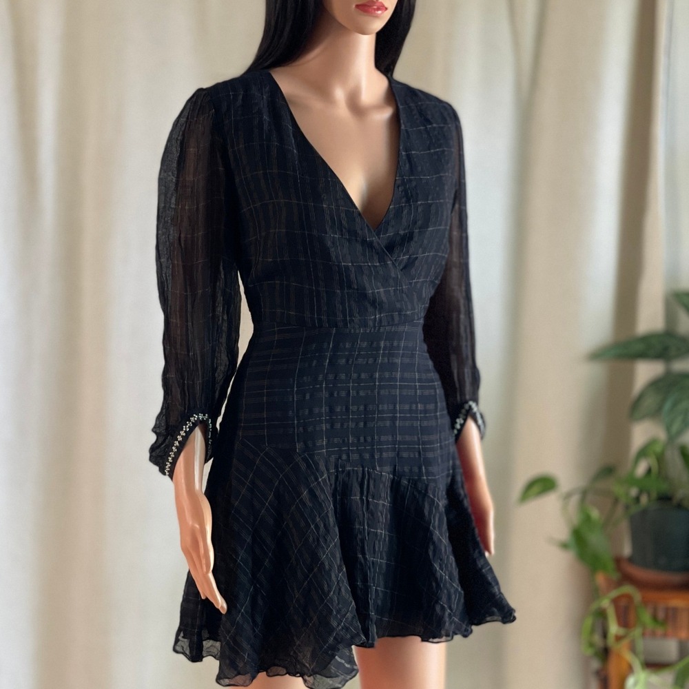 Grassroot by Anita Dongre Handwoven Black Gold Dark Academia Mini‎ Dress US 4 XS